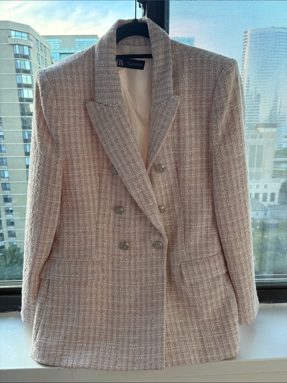 Textured Double-Breasted Tweed Blazer in Light Pink